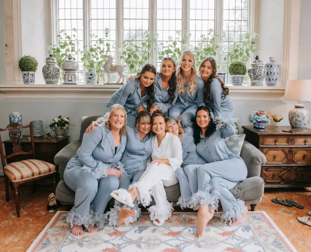 Wedding photography catching the morning light with bride and bridesmaids